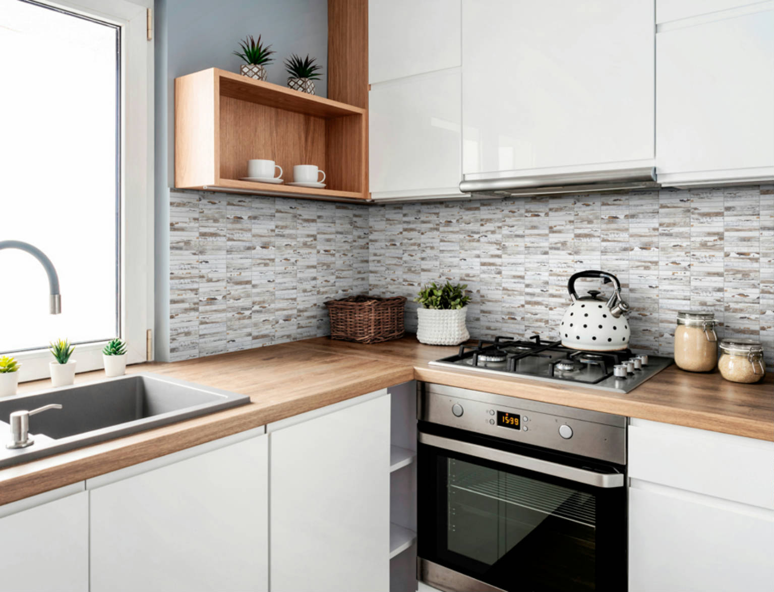 0.7"x4" Wood Rectangles Mix White/Grey Ceramic Mosaic | Young Interiors Flooring Center