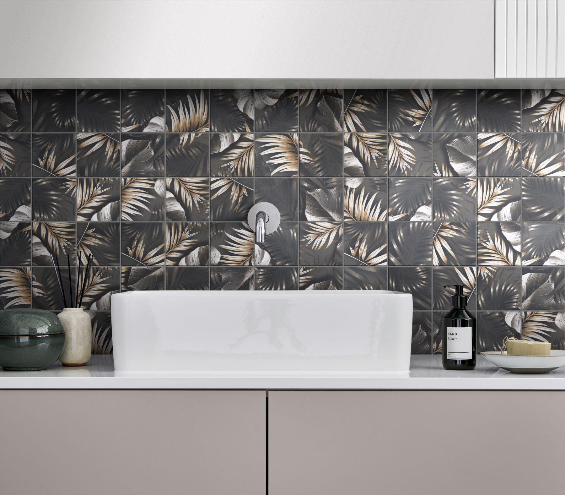 4"x4" Floral Palm Grey Beige Mosaic  | Young Interiors Flooring Center
