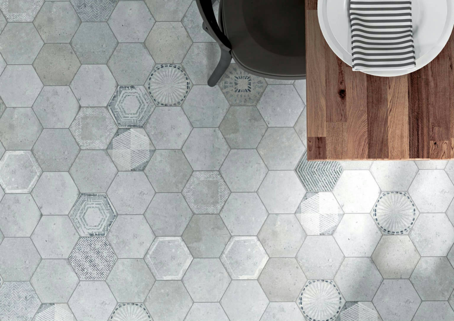 Alma 5.5x6.3” Grey and Grey Decor Hexagon | Young Interiors Flooring Center