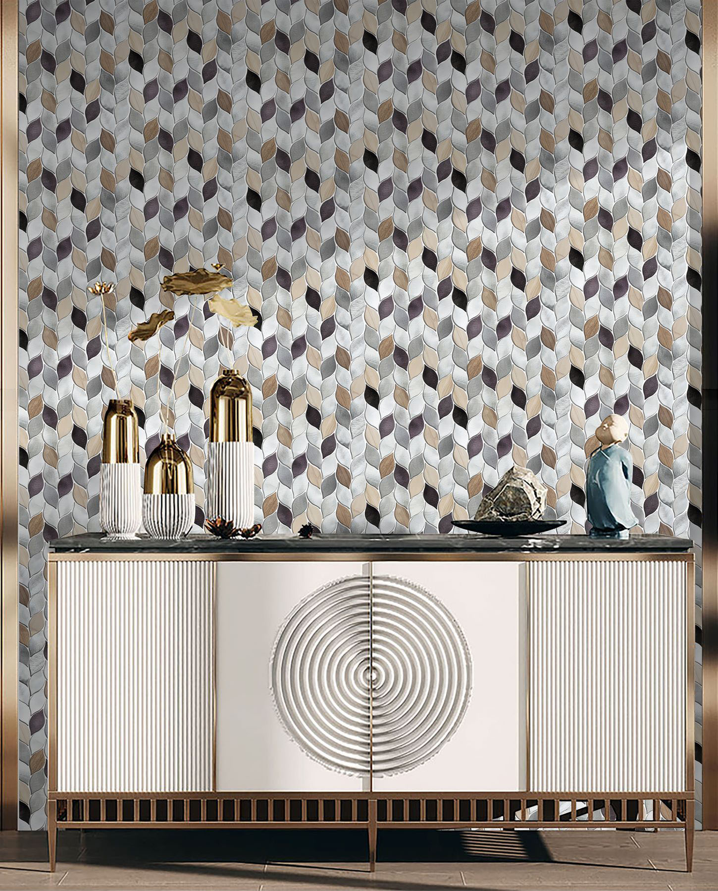 Aluminum & Marble Leaves Silver Grey Brown Mosaic 11 | Young Interiors Flooring Center