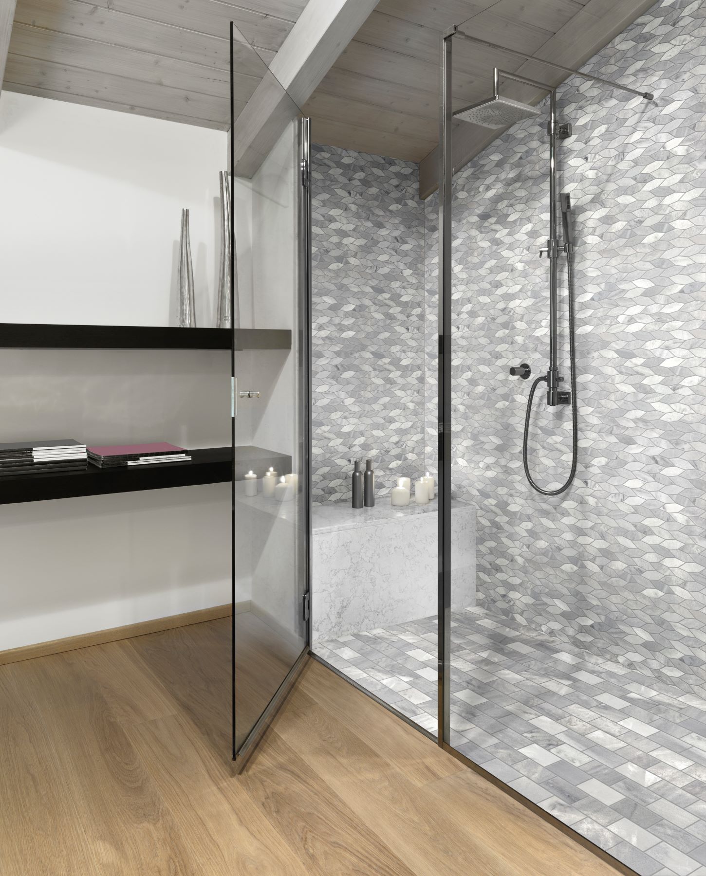 Elongated Hexagon Ice Grey + 2"x4" Brick Ice Grey Mosaic | Young Interiors Flooring Center