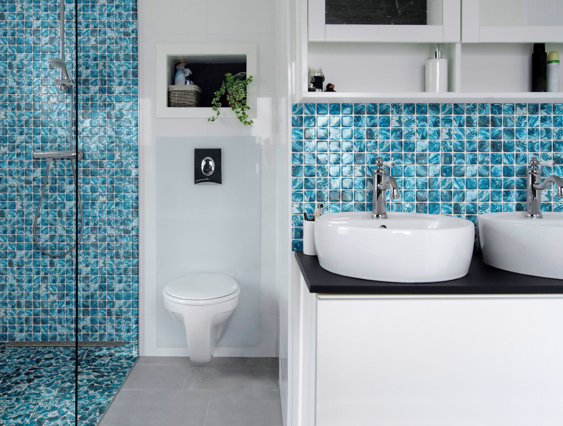 Glass Pebble Blue + Glass Square Blue Marble Pattern Mix | Young Interiors Flooring Center