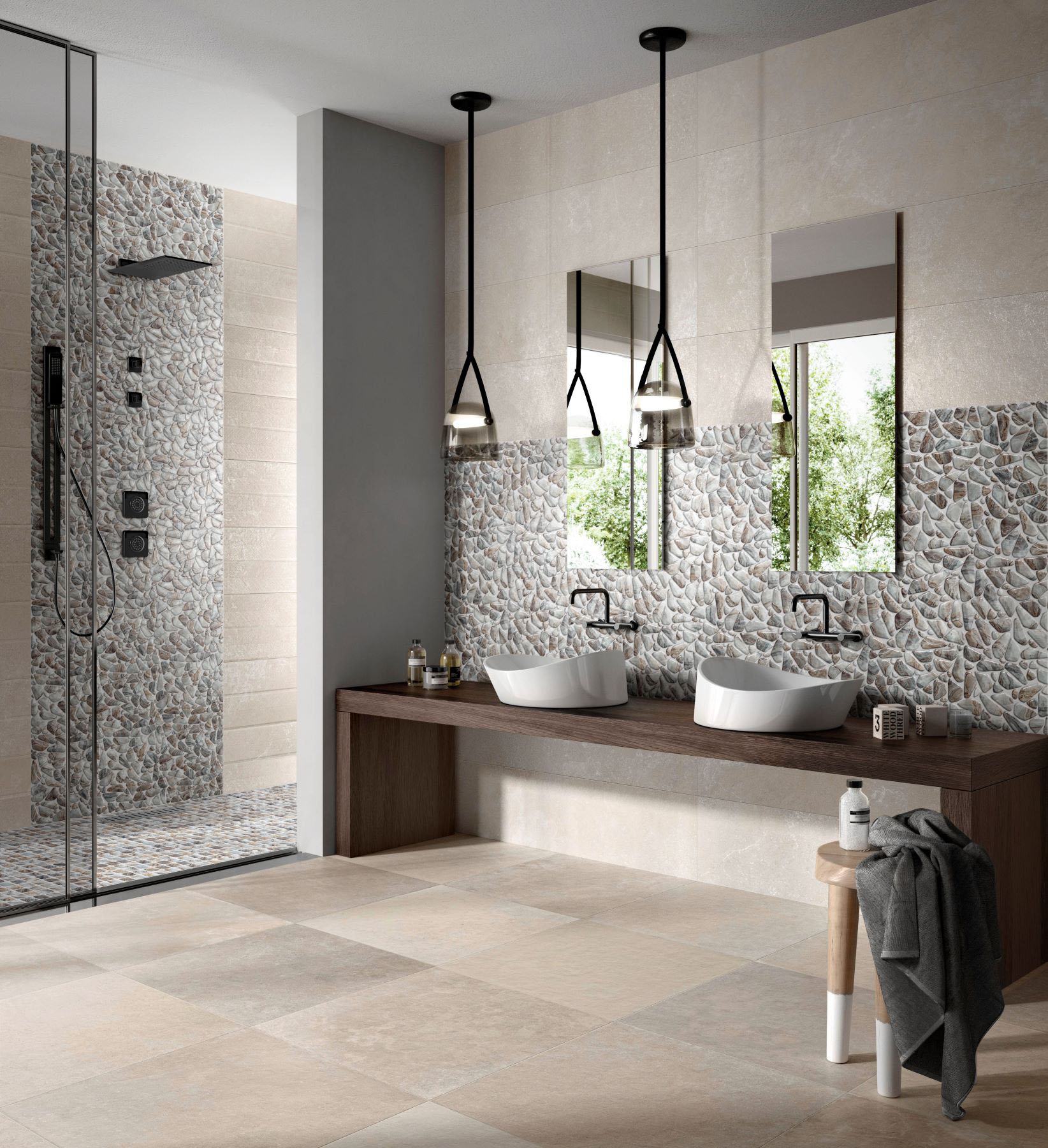 Glass Pebble Grey Beige Mix + Glass Square Grey Beige Mix | Young Interiors Flooring Center