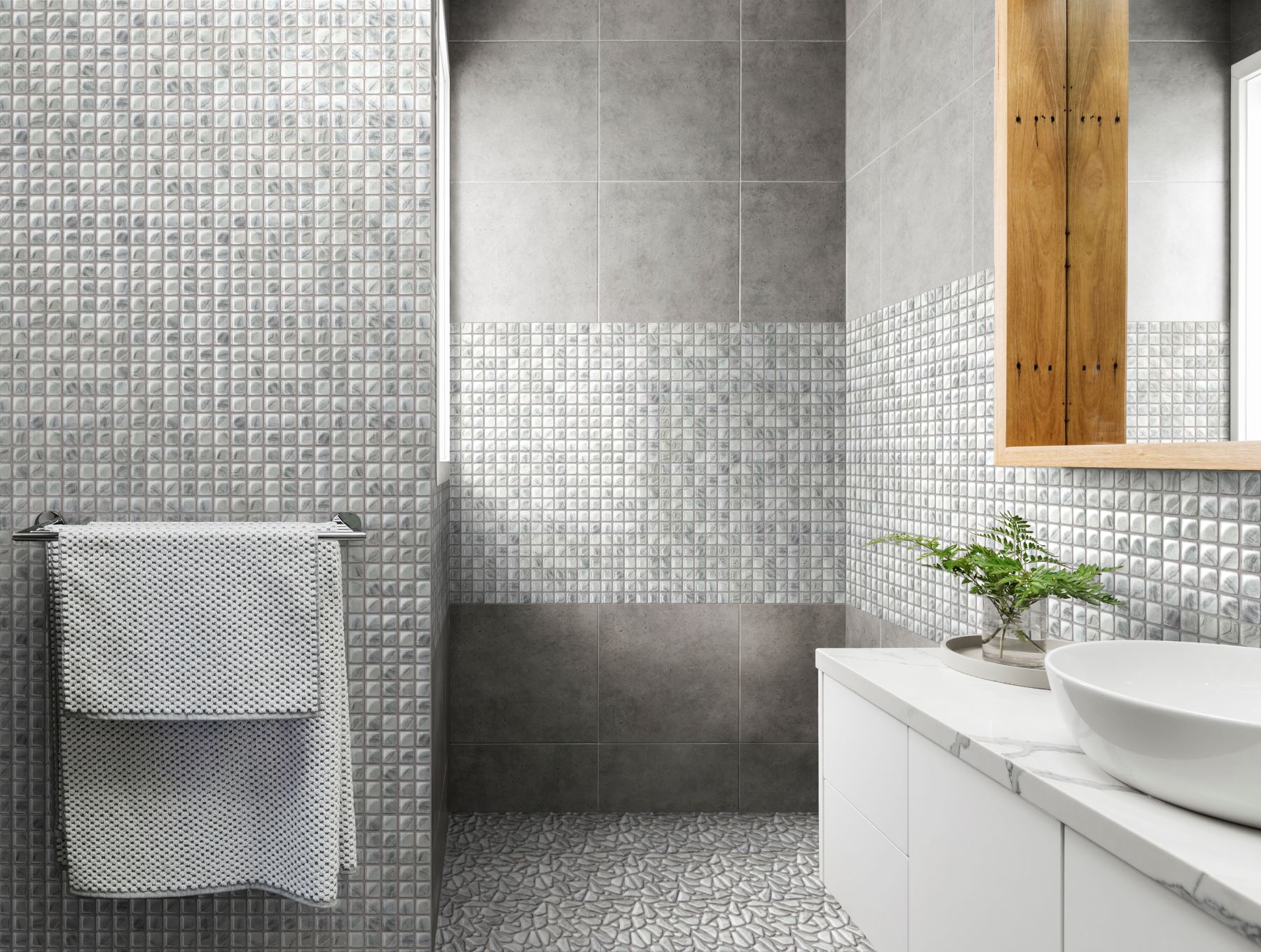 Glass Pebble Light Grey  + Glass Square Light Grey | Young Interiors Flooring Center