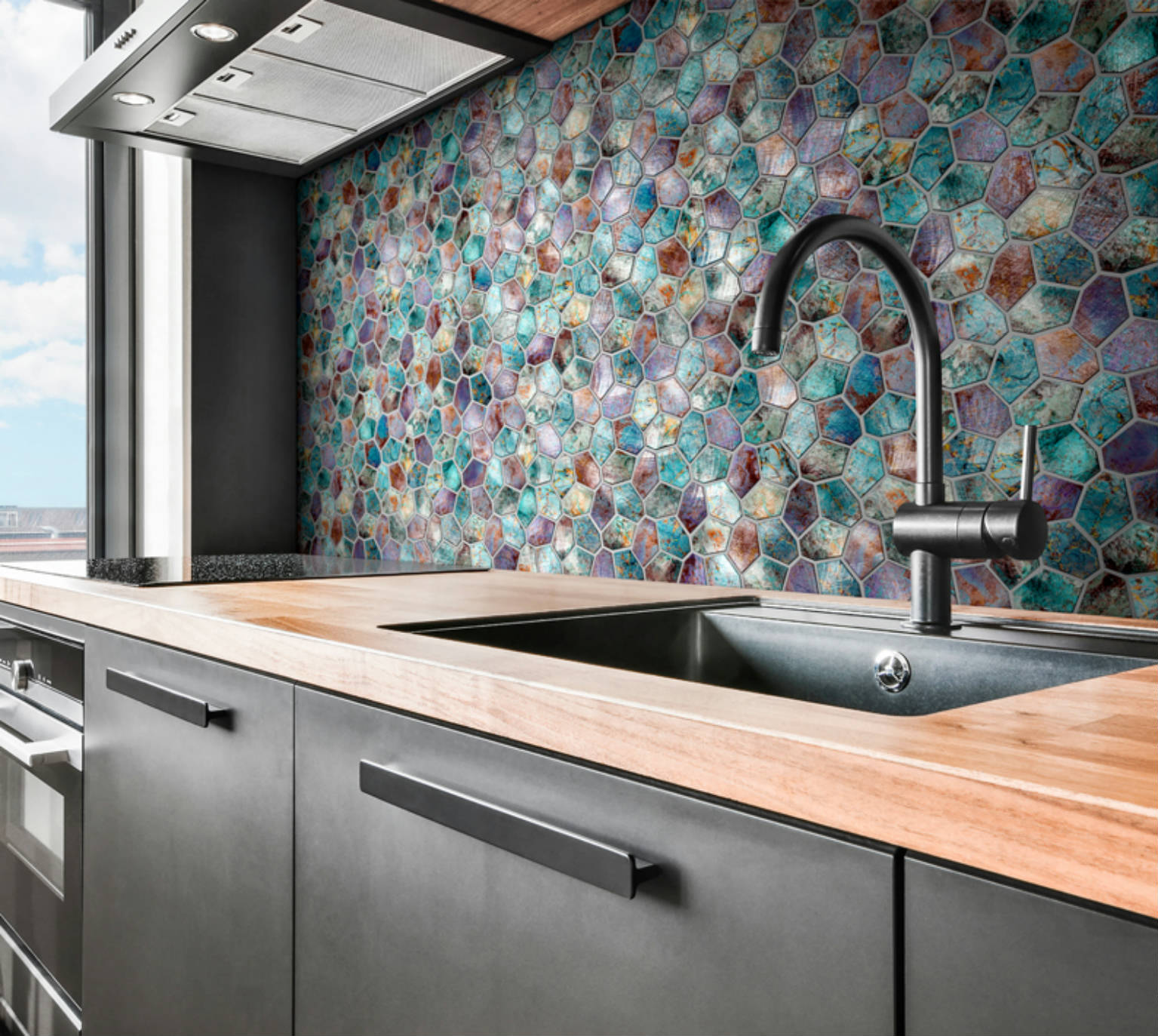 Hexagon Mix Metallic Green Rust Mosaic | Young Interiors Flooring Center