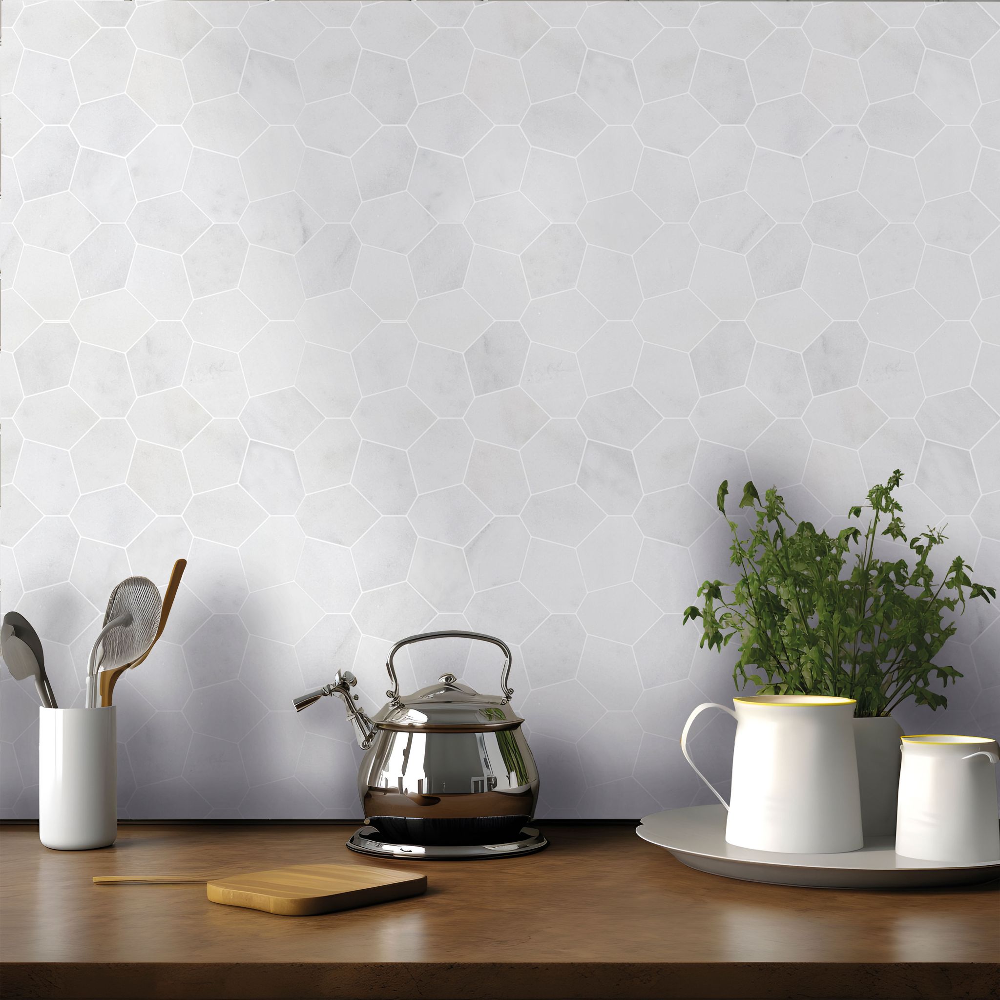 Irregular Hexagon White Grey Marble  | Young Interiors Flooring Center