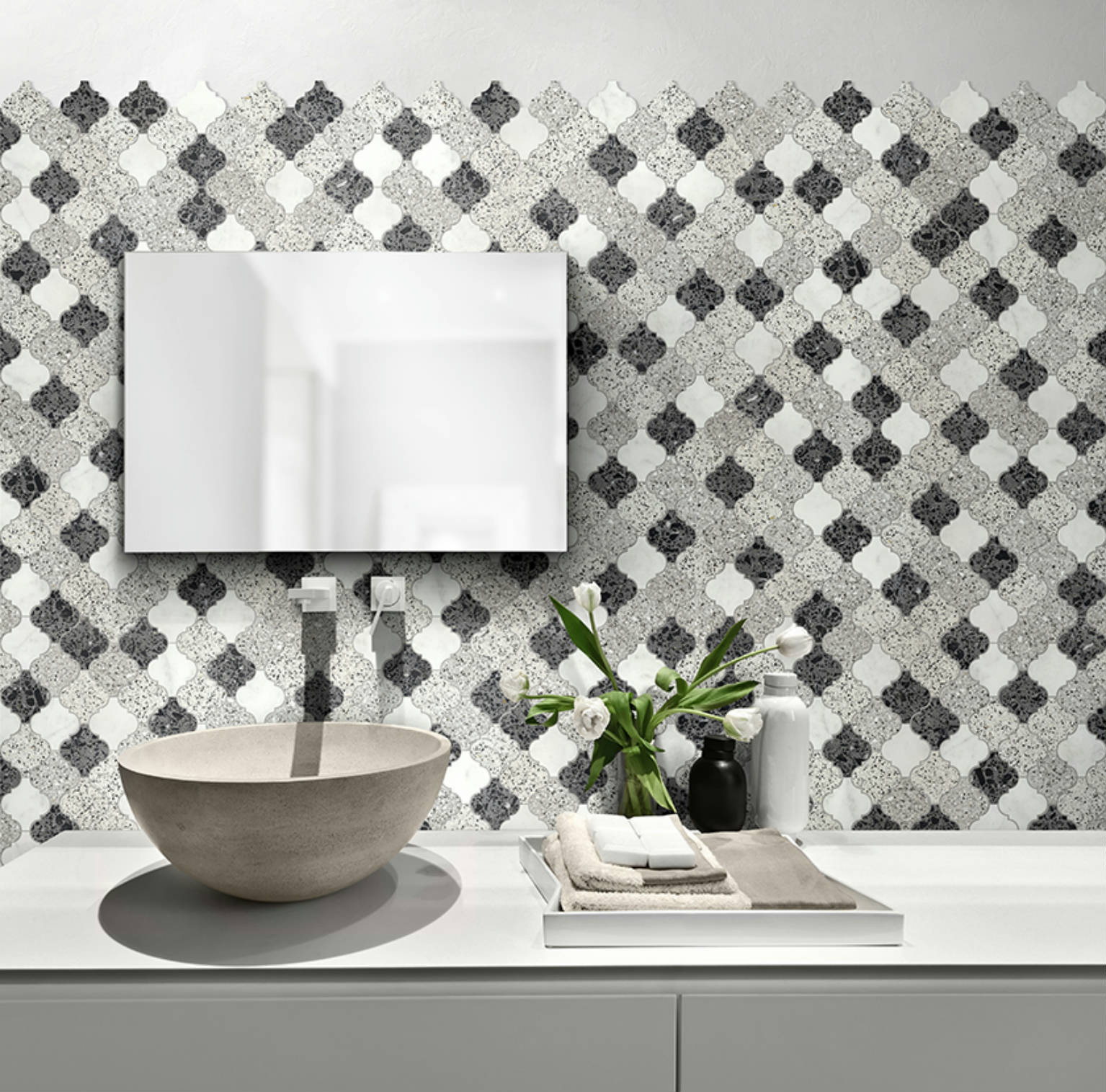 Lantern Terrazzo Marble White, Grey, Black Mix Mosaic | Young Interiors Flooring Center
