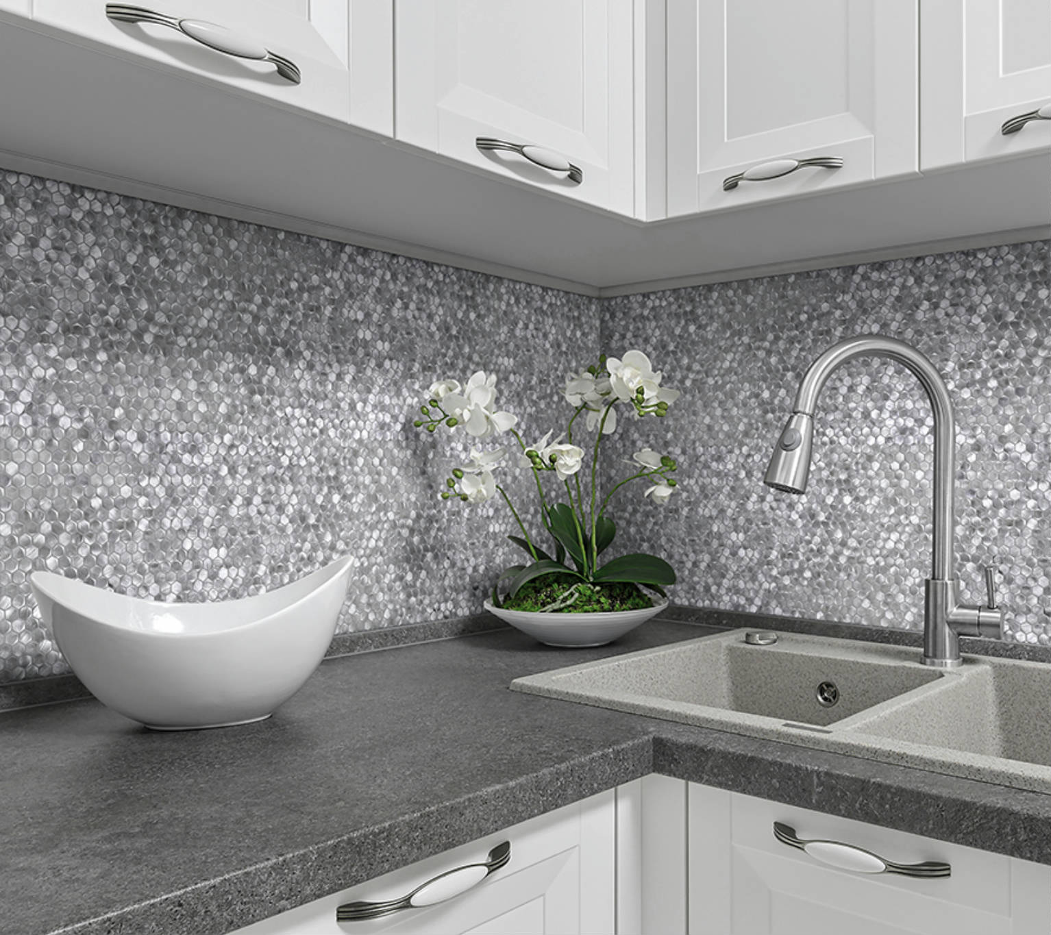 Medium Hexagon Silver Aluminum Mosaic  | Young Interiors Flooring Center