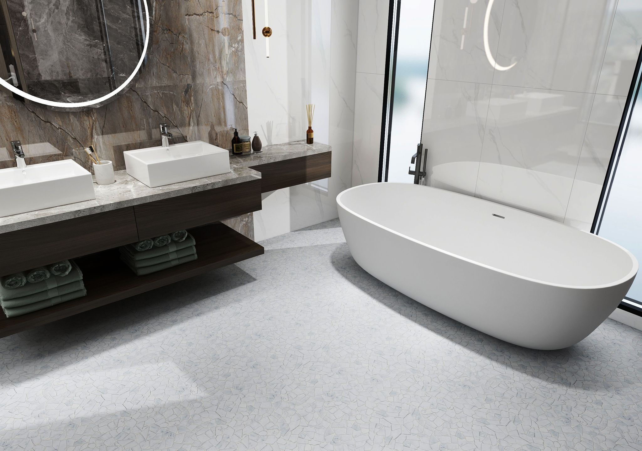 Mini Opus Matte White Grey Marble Stone Interlocking | Young Interiors Flooring Center