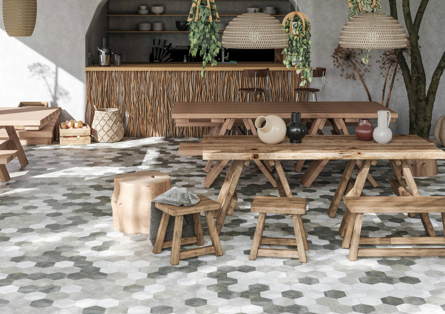 Seville 5.5X6.3” Grey, Black, and White Hexagon | Young Interiors Flooring Center