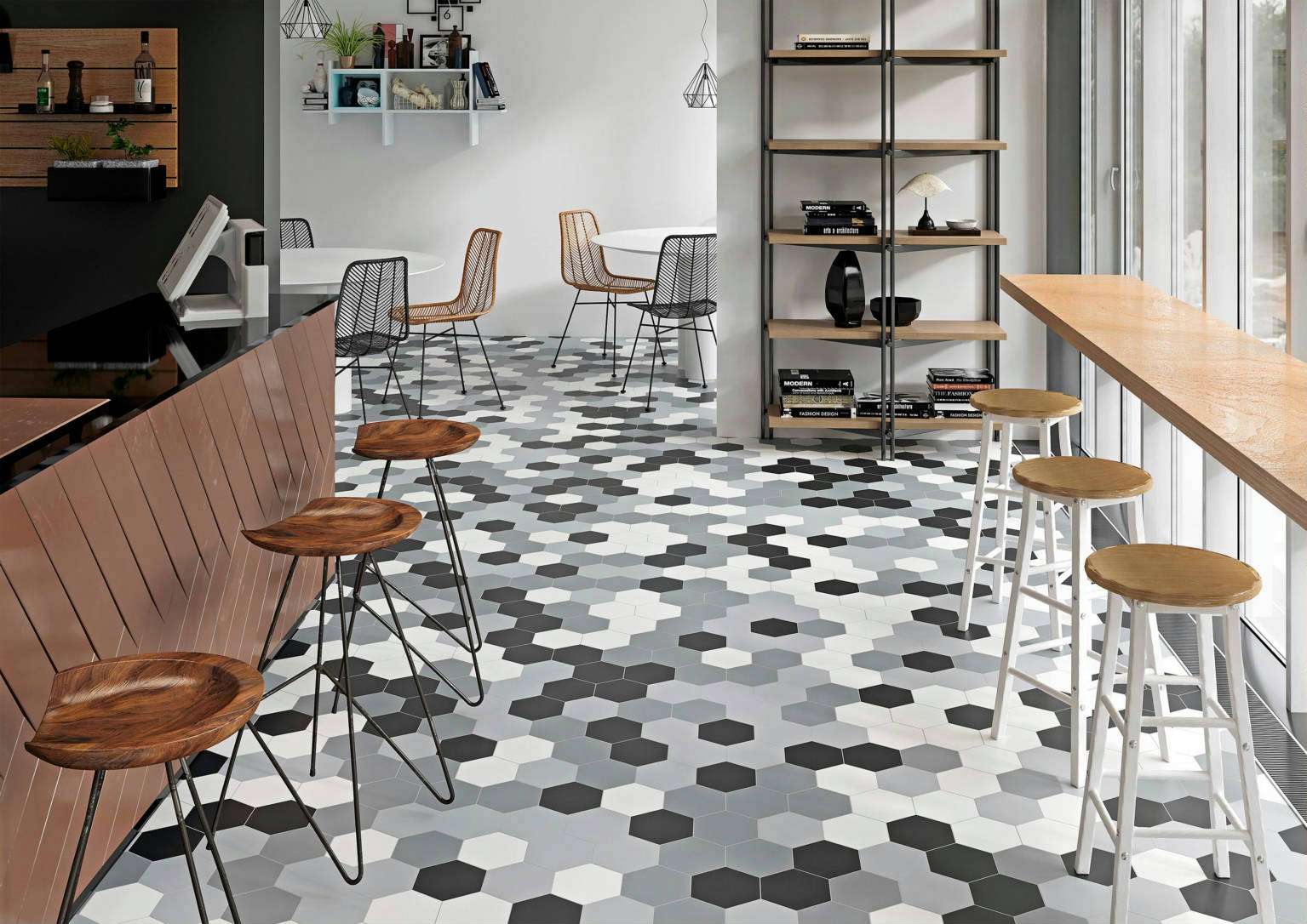 Vida 5.5X6.3” Black, Grey, Pearl, and White  Hexagons | Young Interiors Flooring Center